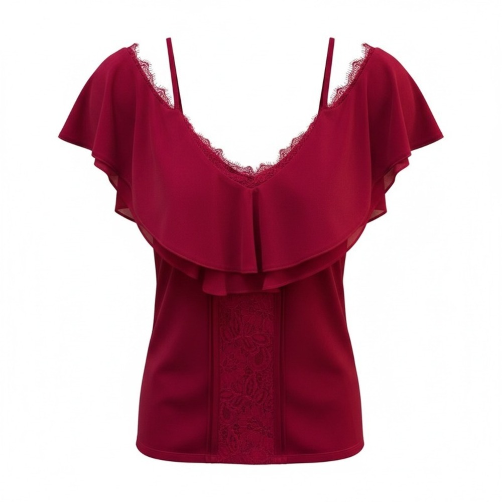 White House Black Market Red Cold Shoulder Ruffle Blouse Eyelash Lace Trim Small